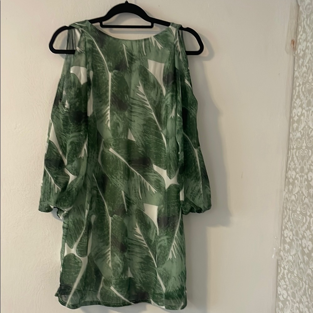 Chic Sentimental Green Leaf Print Long Sleeve Dress Sz Small
